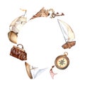 Frame of adventure items, ship watercolor illustration isolated on white. Compass, spyglass, sailboat, handle bag. rope