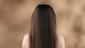 In the frame against a blotchy background is a middle-aged woman with long, dark, straight hair. Standing with her back Royalty Free Stock Photo