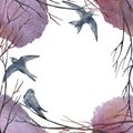 Frame with artistic swifts, birds, tree branches and watercolor stains. Hand drawn. Template for design of cards