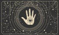 Frame for astrology, tarot, palmistry, fortune telling. Palm and all-seeing eye on a black mystical background of the Royalty Free Stock Photo