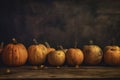 autumn orange season leaf halloween banner fall wooden pumpkin wood background. Generative AI. Royalty Free Stock Photo