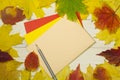 Frame autumn leaves with beige envelope on wooden background. Colorful template for design Royalty Free Stock Photo