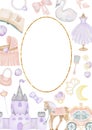 Frame, baby shower girl card template, princess girl birthday card Royalty Free Stock Photo