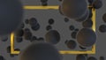 Frame on the background of balls, dynamic composition. 3D render