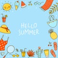 Frame background with cute summer items on blue - cartoon objects for happy beach design