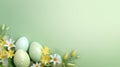 Frame background with Easter painted Eggs with flowers on light green background. Banner with copy space. Great for Royalty Free Stock Photo