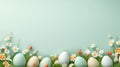 Frame background with Easter painted Eggs with flowers on light green gradient background. Banner with copy space. Ideal Royalty Free Stock Photo
