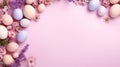 Frame background with Easter painted Eggs with flowers on light pink background. Banner with copy space. Great for Royalty Free Stock Photo