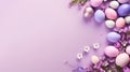 Frame background with Easter painted Eggs with flowers on light pink purple background. Banner with copy space. Ideal Royalty Free Stock Photo