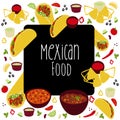 Frame background with illustertion Mexican food Tacos, Burrito, Chili Con Carne, Guacamole, Salsa roja sauce