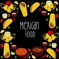 Frame background with illustration Mexican food Tacos, Burrito, Chili Con Carne, Guacamole, Salsa roja sauce