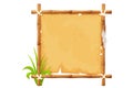 Frame from bamboo sticks, old paper, rope, grass in comic cartoon style isolated on white background. Tribal, rural clip