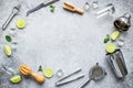 Frame of bar utensils and tools for Mojito cocktail - shaker, lime and ice Royalty Free Stock Photo