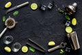 Frame of bar utensils and tools for Mojito cocktail - shaker, lime and ice Royalty Free Stock Photo