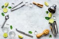 Frame of bar utensils and tools for Mojito cocktail - shaker, lime and ice Royalty Free Stock Photo