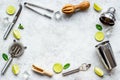 Frame of bar utensils and tools for Mojito cocktail - shaker, lime and ice Royalty Free Stock Photo