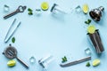 Frame of bar utensils and tools for Mojito cocktail - shaker, lime and ice Royalty Free Stock Photo