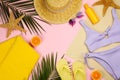 Frame of beach objects on  background, flat lay. Space for text Royalty Free Stock Photo