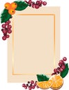 Golden frame with oranges and berries. Vector frame.