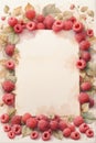 Frame of berries and raspberry leaves made in watercolor with copy space in the center