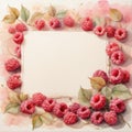 Frame of berries and raspberry leaves made in watercolor with copy space in the center