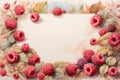 Frame of berries and raspberry leaves made in watercolor with copy space in the center