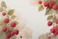 Frame of berries and raspberry leaves made in watercolor with copy space in the center