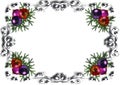 Frame with black corner patterns and Christmas balls on white background for a copy space