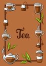 Frame with black tea. Illustration with tea and accessories, packs and kettles.