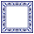 Frame with blue ethnic floral ornament with roses.