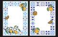 Frame with blue tiles and lemon branches. Vertical empty border with italian geometric mosaic. Design elements for greeting card,