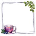 Frame with blueberry tea. Watercolor illustration. Fresh natural health product. For labels, packaging, banners.