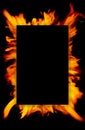 Frame of blurred bright burning hot fire flames against black background. Close up, copy space for your design, text or Royalty Free Stock Photo