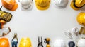 Frame Border Background of Labor Day Concept with Construction Tools and Safety Gear on White Background Royalty Free Stock Photo