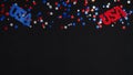 Frame border blue red white confetti and USA decorations on dark background. Happy Independence DAY USA, 4t of July celebration