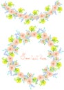 Frame border, garland and wreath of yellow and tender pink flowers and branches Royalty Free Stock Photo