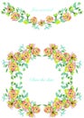 Frame border, garland and wreath of yellow and tender pink flowers and branches with the green and blue leaves painted in waterco Royalty Free Stock Photo