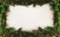 Frame border of green fir branches and red berries with empty white background as festive table ornament for Hanukkah or Christmas Royalty Free Stock Photo