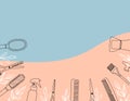 Frame, border of hairdressing tools. Hair salon accessories outline, hair dryer, comb, scissors and abstraction. Vector