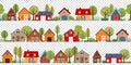 frame border landscape barn farm, house and tree greenery vector icons in a row. illustration seamless