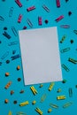 Frame border made of school stationery supplies and alarm clock. Copy space for your text or Educational greeting Royalty Free Stock Photo