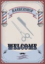 Frame border scissors and comb sign shingle for barber, coiffeur, haircutter, vintage retro inscription barbershop. Vector Royalty Free Stock Photo