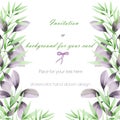 Frame border, template postcard with the tender green and purple branches, hand drawn in a watercolor on a white background Royalty Free Stock Photo