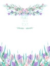 A frame border, template of a postcard with the watercolor crocus flowers and branches, wedding invitation