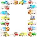 Frame border of watercolor cartoon cargo vehicle, transport, trucks and carriers with a white copy space in the middle. vertically