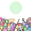 A frame border with the watercolor makeup tools: blusher, eyeshadow, lipstick and makeup brushes Royalty Free Stock Photo