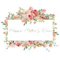 Frame border of watercolor spring pink roses flowers, wildflowers, greenery and eucalyptus branches Royalty Free Stock Photo
