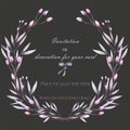 Frame border, wreath of the tender pink and purple flowers and branches hand drawn in awatercolor on a dark background Royalty Free Stock Photo