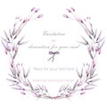 Frame border, wreath of the tender pink and purple flowers and branches hand drawn in a watercolor on a white background Royalty Free Stock Photo