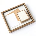 Frame with box and paper isolated on white background Royalty Free Stock Photo